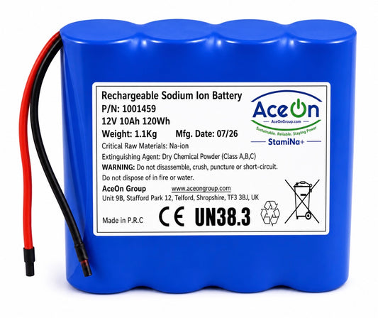 AceOn StamiNa+ 4S1P 12V 10Ah sodium-ion battery pack (low-profile)